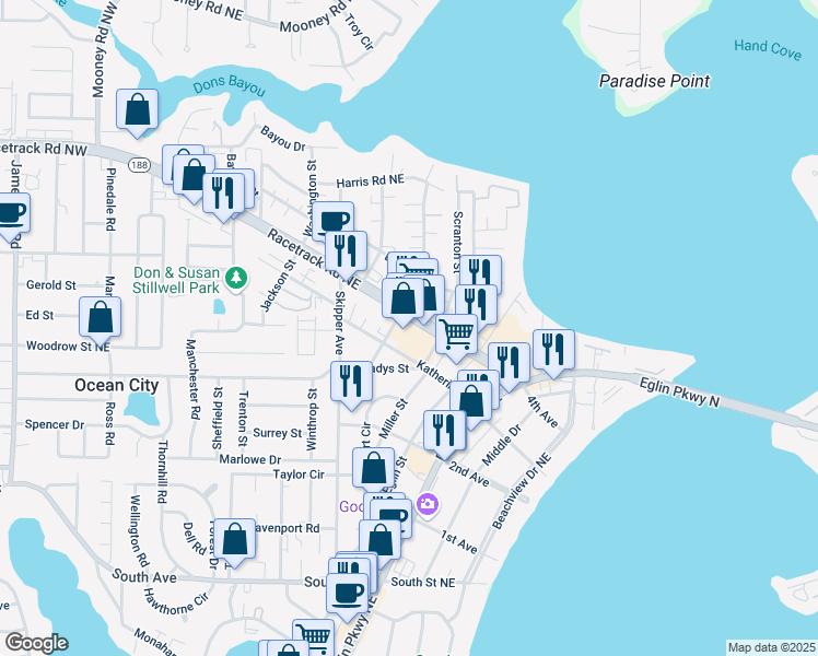 map of restaurants, bars, coffee shops, grocery stores, and more near 405 Racetrack Road Northeast in Fort Walton Beach