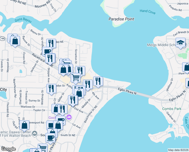 map of restaurants, bars, coffee shops, grocery stores, and more near 718 Eglin Parkway Northeast in Fort Walton Beach