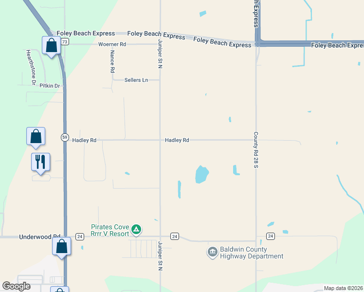map of restaurants, bars, coffee shops, grocery stores, and more near 20538 Hadley Road in Foley