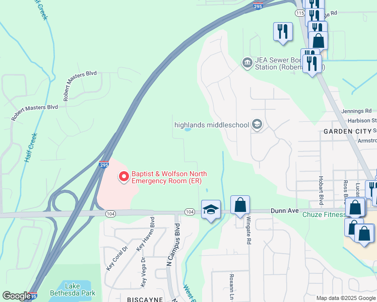 map of restaurants, bars, coffee shops, grocery stores, and more near 11469 Wingate Road North in Jacksonville