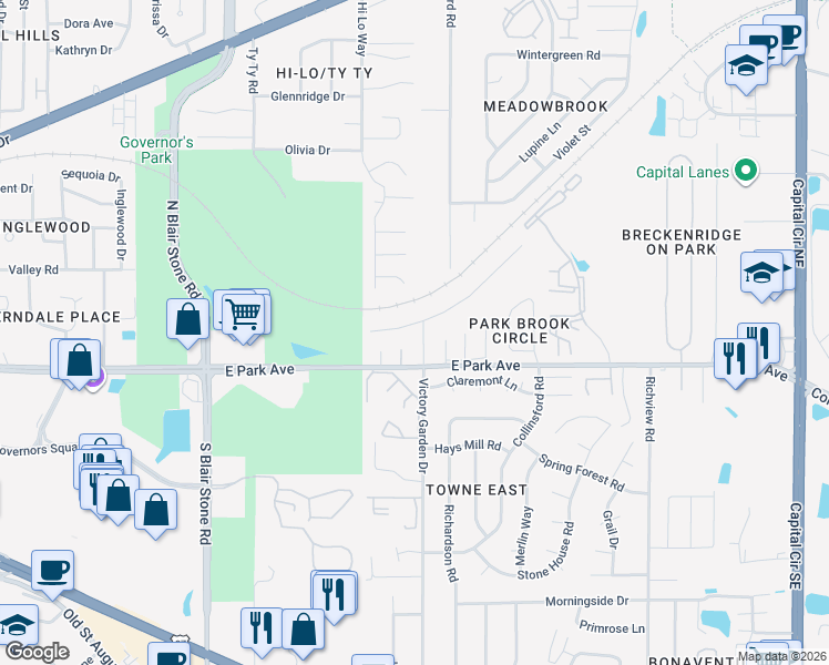 map of restaurants, bars, coffee shops, grocery stores, and more near 2096 East Park Avenue in Tallahassee