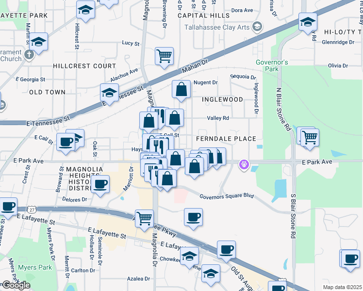 map of restaurants, bars, coffee shops, grocery stores, and more near 1400 East Park Avenue in Tallahassee