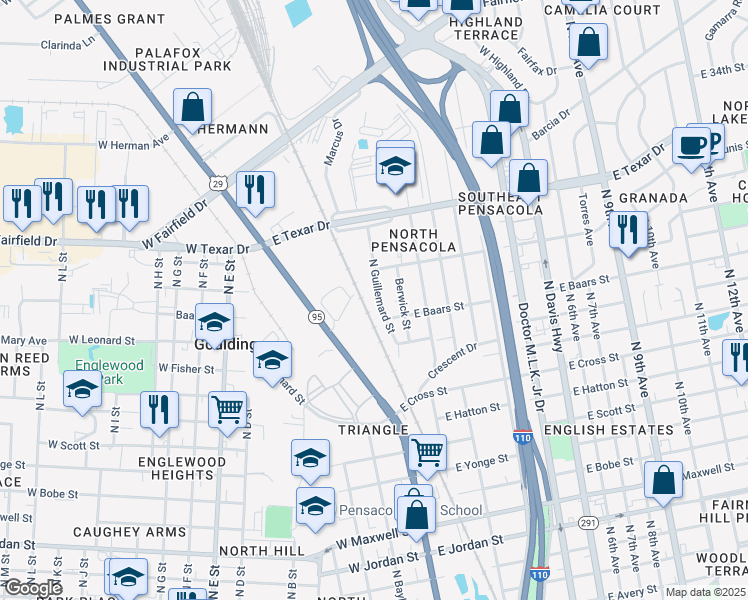 map of restaurants, bars, coffee shops, grocery stores, and more near in Goulding