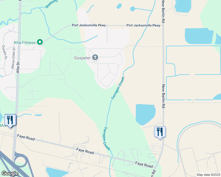 map of restaurants, bars, coffee shops, grocery stores, and more near 11430 New Berlin Road in Jacksonville