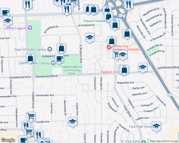 map of restaurants, bars, coffee shops, grocery stores, and more near 8281 Goodwood Boulevard in Baton Rouge