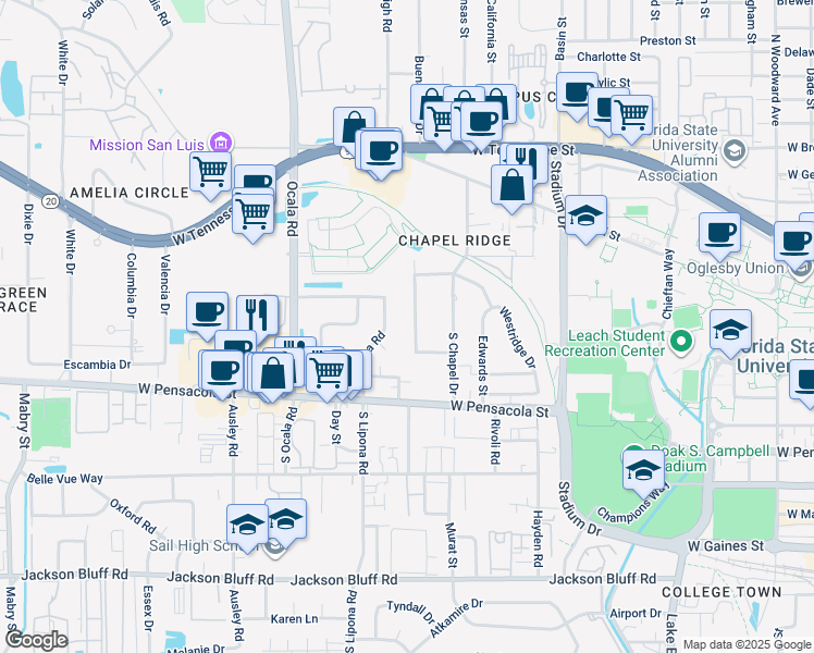 map of restaurants, bars, coffee shops, grocery stores, and more near 1836 Westminster Drive in Tallahassee