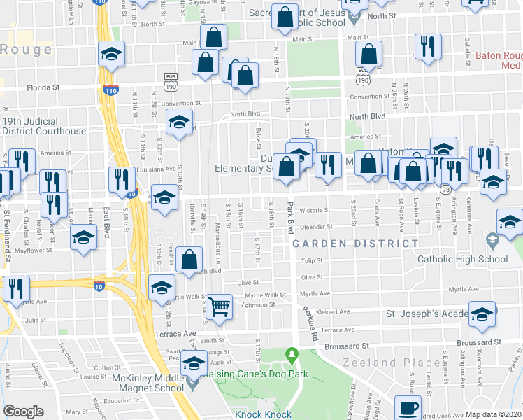 map of restaurants, bars, coffee shops, grocery stores, and more near 1754 Wisteria Street in Baton Rouge