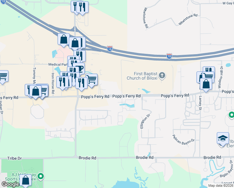 map of restaurants, bars, coffee shops, grocery stores, and more near 1641 Popps Ferry Road in Biloxi