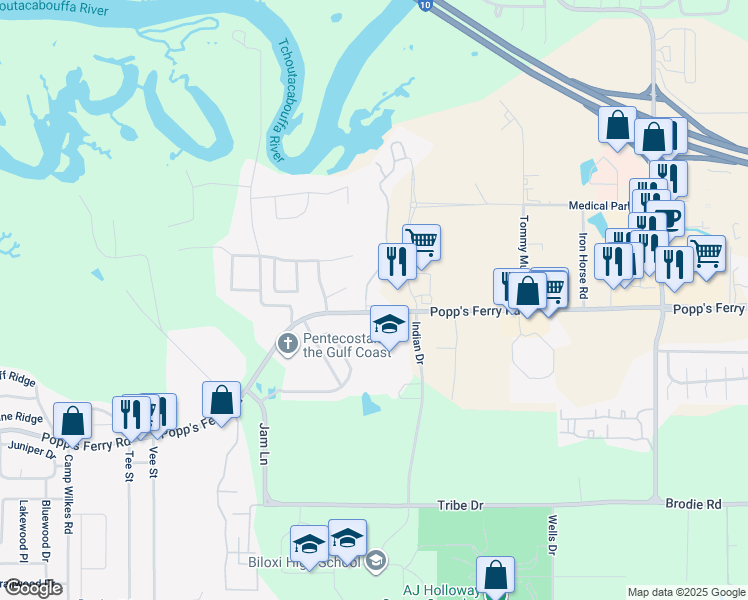 map of restaurants, bars, coffee shops, grocery stores, and more near 1850 Popp's Ferry Road in Biloxi