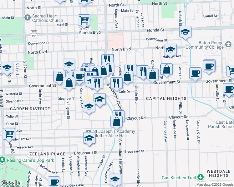 map of restaurants, bars, coffee shops, grocery stores, and more near 625 South Acadian Thruway in Baton Rouge