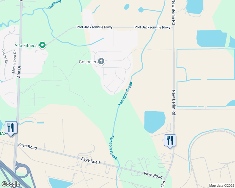 map of restaurants, bars, coffee shops, grocery stores, and more near 11430 New Berlin Road in Jacksonville