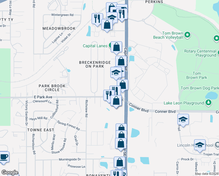 map of restaurants, bars, coffee shops, grocery stores, and more near 105 Dawn Lauren Lane in Tallahassee