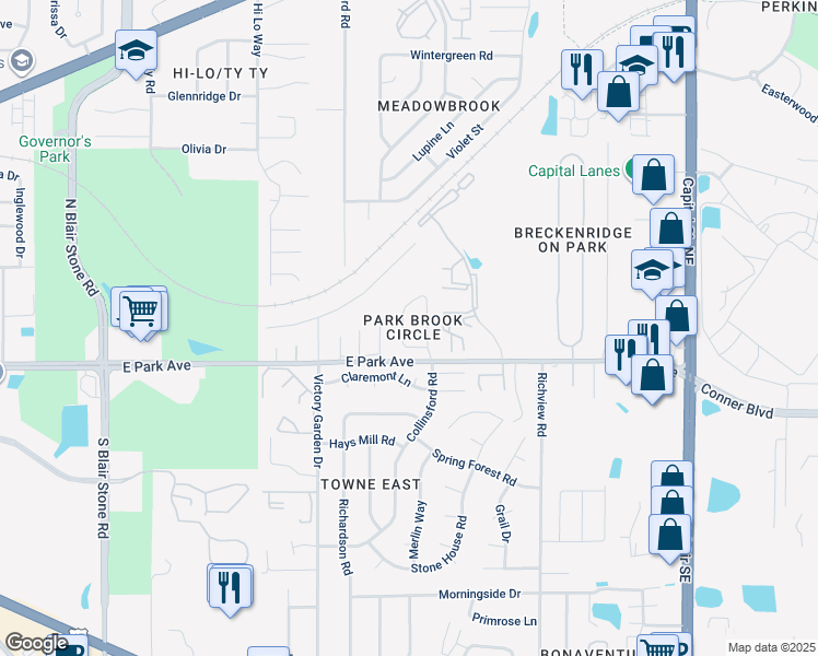 map of restaurants, bars, coffee shops, grocery stores, and more near 223 Parkbrook Circle in Tallahassee