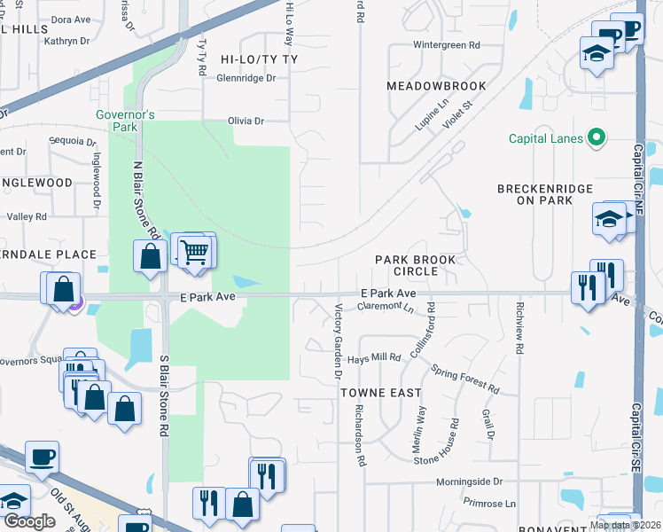 map of restaurants, bars, coffee shops, grocery stores, and more near 2096 East Park Avenue in Tallahassee
