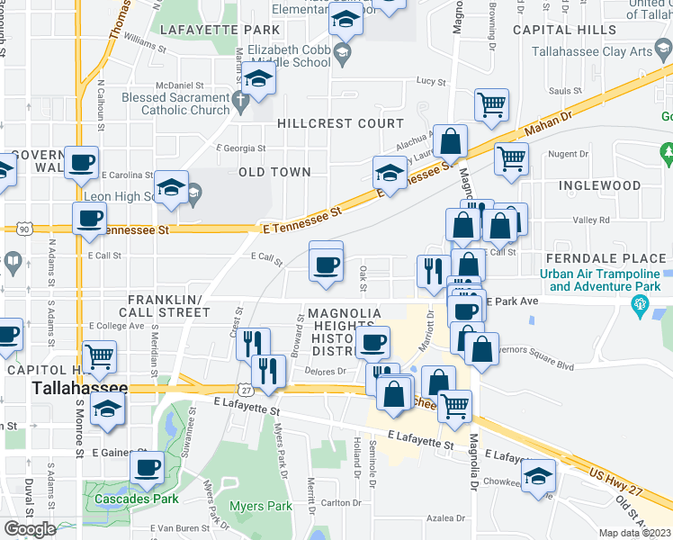 map of restaurants, bars, coffee shops, grocery stores, and more near 830 East Park Avenue in Tallahassee