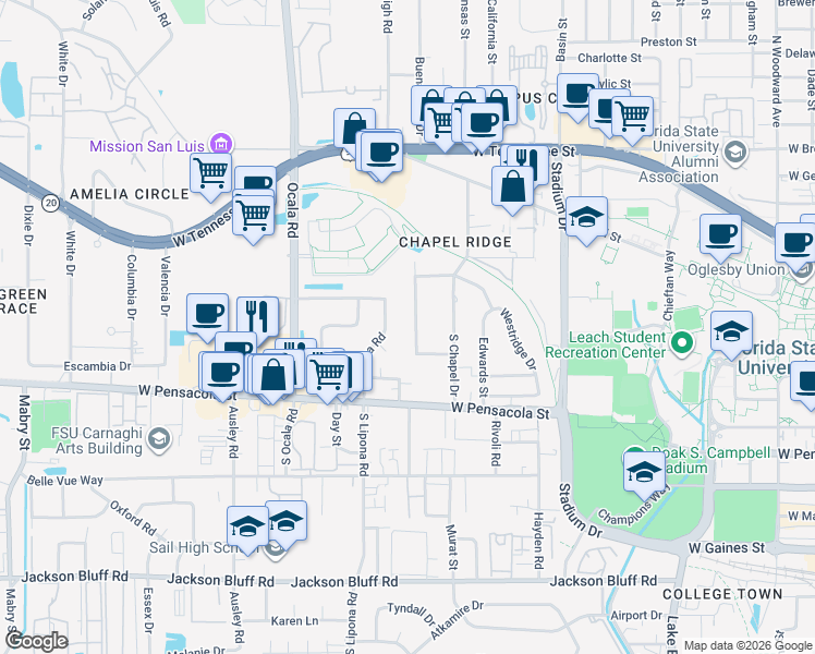 map of restaurants, bars, coffee shops, grocery stores, and more near 1836 Westminster Drive in Tallahassee
