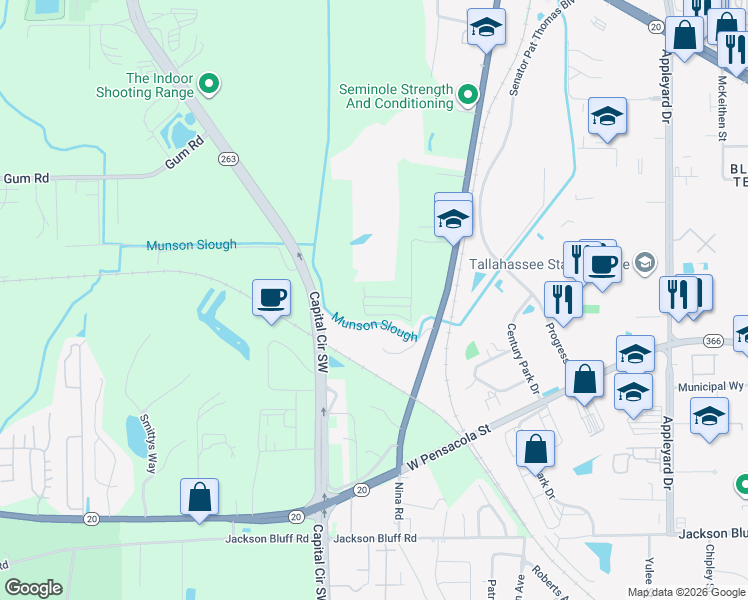 map of restaurants, bars, coffee shops, grocery stores, and more near 4355 Conifer Street in Tallahassee