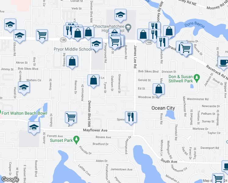 map of restaurants, bars, coffee shops, grocery stores, and more near 308a Woodrow Street Northeast in Fort Walton Beach
