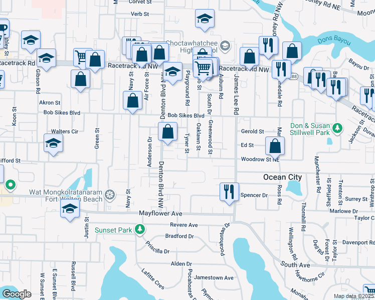 map of restaurants, bars, coffee shops, grocery stores, and more near 691 Tyner Street in Fort Walton Beach