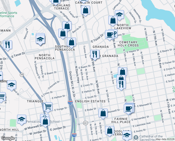map of restaurants, bars, coffee shops, grocery stores, and more near 701 East Leonard Street in Pensacola