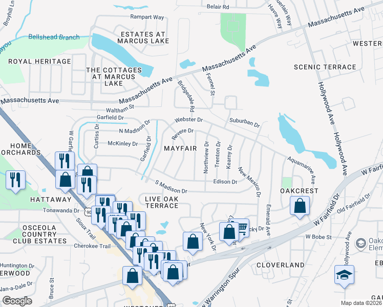 map of restaurants, bars, coffee shops, grocery stores, and more near 1012 Potomac Drive in Pensacola