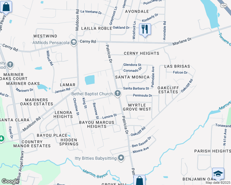 map of restaurants, bars, coffee shops, grocery stores, and more near 3097 Patricia Drive in Pensacola