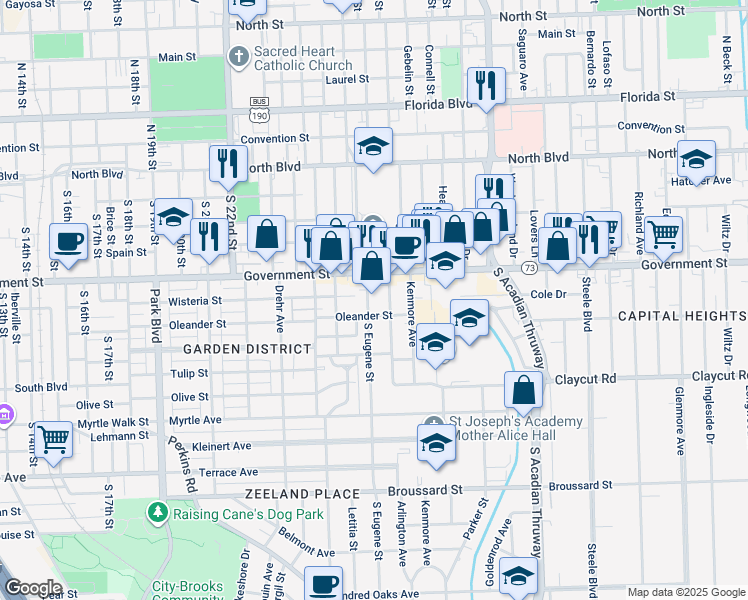 map of restaurants, bars, coffee shops, grocery stores, and more near 659 South Eugene Street in Baton Rouge