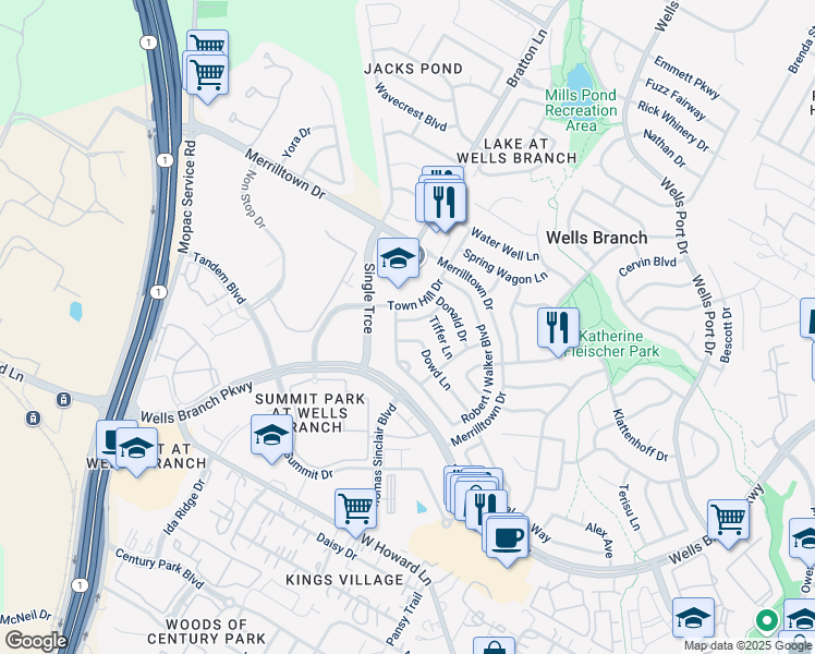 map of restaurants, bars, coffee shops, grocery stores, and more near 14421 Robert I Walker Boulevard in Austin