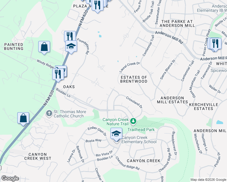 map of restaurants, bars, coffee shops, grocery stores, and more near 11200 Crossland Drive in Austin