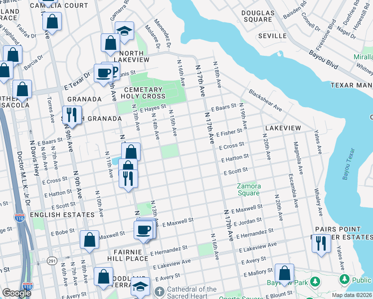 map of restaurants, bars, coffee shops, grocery stores, and more near 1531 East Cross Street in Pensacola