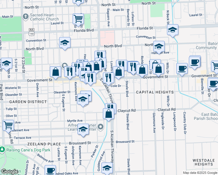 map of restaurants, bars, coffee shops, grocery stores, and more near 625 South Acadian Thruway in Baton Rouge