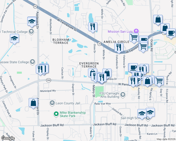 map of restaurants, bars, coffee shops, grocery stores, and more near 132 Dixie Drive in Tallahassee