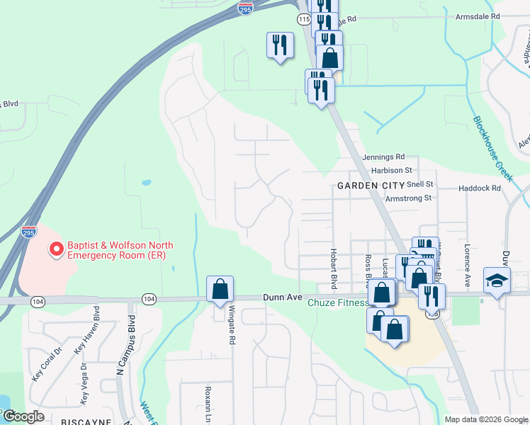 map of restaurants, bars, coffee shops, grocery stores, and more near 3676 Juliet Leia Circle South in Jacksonville