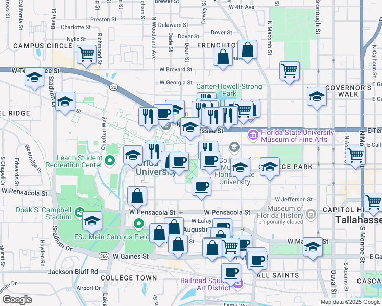 map of restaurants, bars, coffee shops, grocery stores, and more near 116 Honors Way in Tallahassee