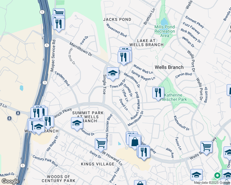 map of restaurants, bars, coffee shops, grocery stores, and more near 14421 Robert I Walker Boulevard in Austin