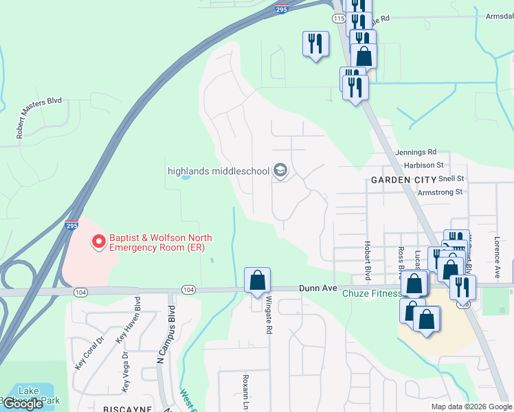 map of restaurants, bars, coffee shops, grocery stores, and more near 11505 Spring Board Drive in Jacksonville