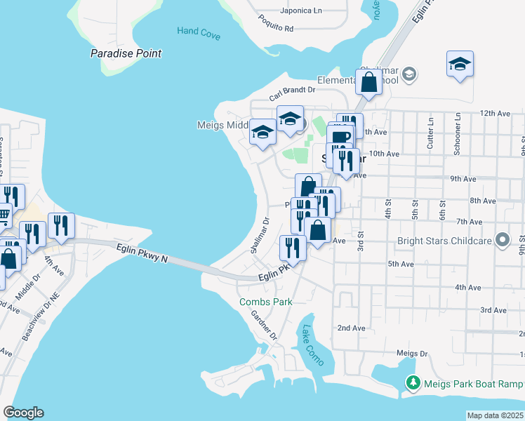 map of restaurants, bars, coffee shops, grocery stores, and more near 231 Shalimar Drive in Shalimar