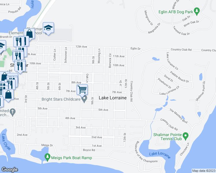 map of restaurants, bars, coffee shops, grocery stores, and more near 55 Berwick Circle in Shalimar