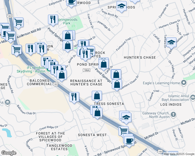 map of restaurants, bars, coffee shops, grocery stores, and more near 13130 Pond Springs Road in Austin