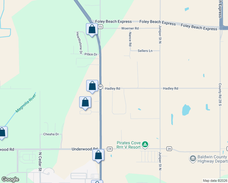 map of restaurants, bars, coffee shops, grocery stores, and more near 20148 Hadley Road in Foley
