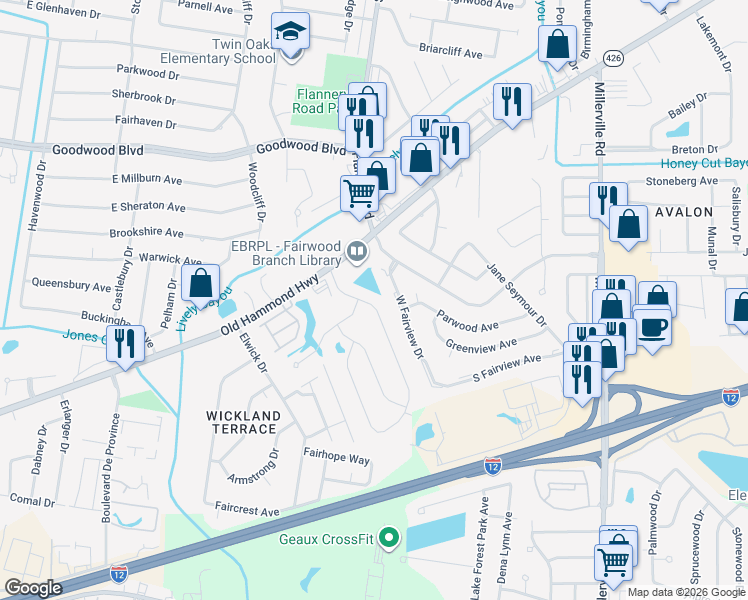 map of restaurants, bars, coffee shops, grocery stores, and more near 1472 West Fairview Drive in Baton Rouge