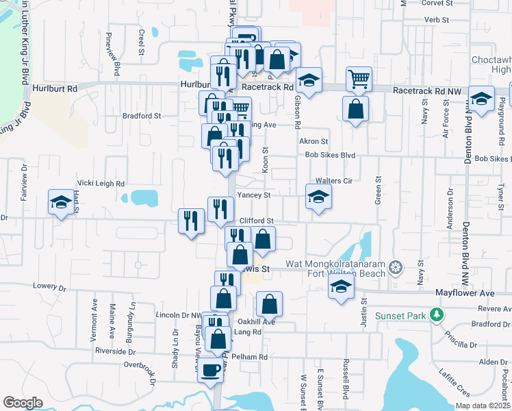 map of restaurants, bars, coffee shops, grocery stores, and more near 159 Clifford Street in Fort Walton Beach