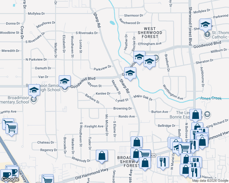 map of restaurants, bars, coffee shops, grocery stores, and more near 10645 Kenlee Drive in Baton Rouge