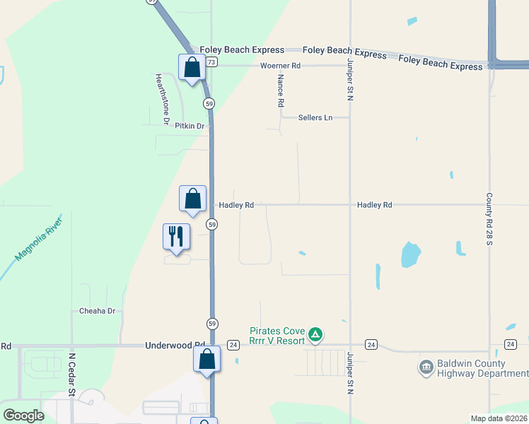 map of restaurants, bars, coffee shops, grocery stores, and more near 20290 Hadley Road in Foley