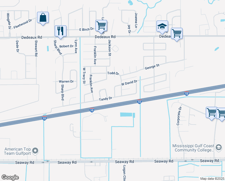 map of restaurants, bars, coffee shops, grocery stores, and more near 609 West David Drive in Gulfport