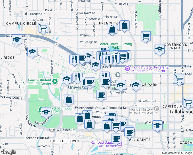 map of restaurants, bars, coffee shops, grocery stores, and more near 116 Honors Way in Tallahassee