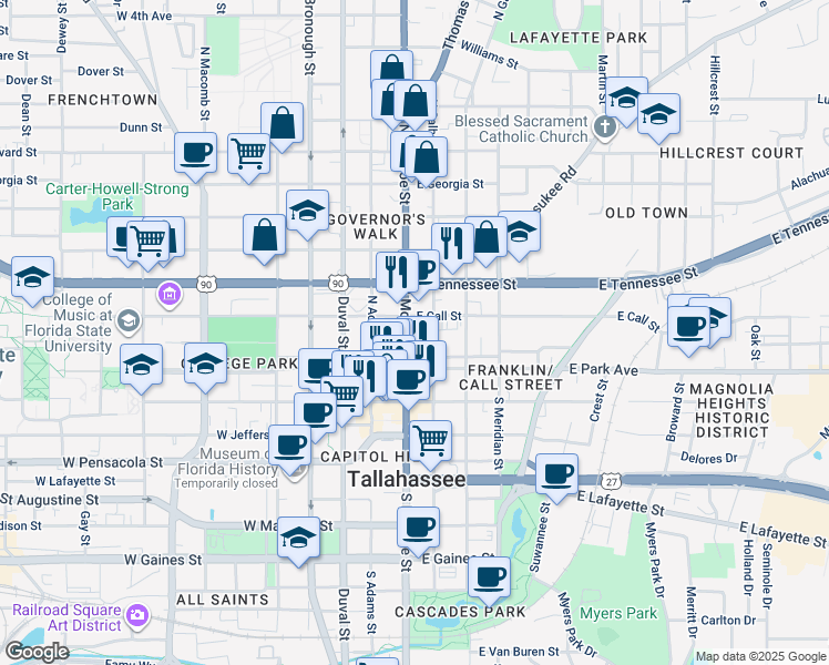 map of restaurants, bars, coffee shops, grocery stores, and more near 101 North Monroe Street in Tallahassee