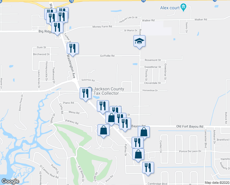 map of restaurants, bars, coffee shops, grocery stores, and more near 13407 Seymour Road in Ocean Springs