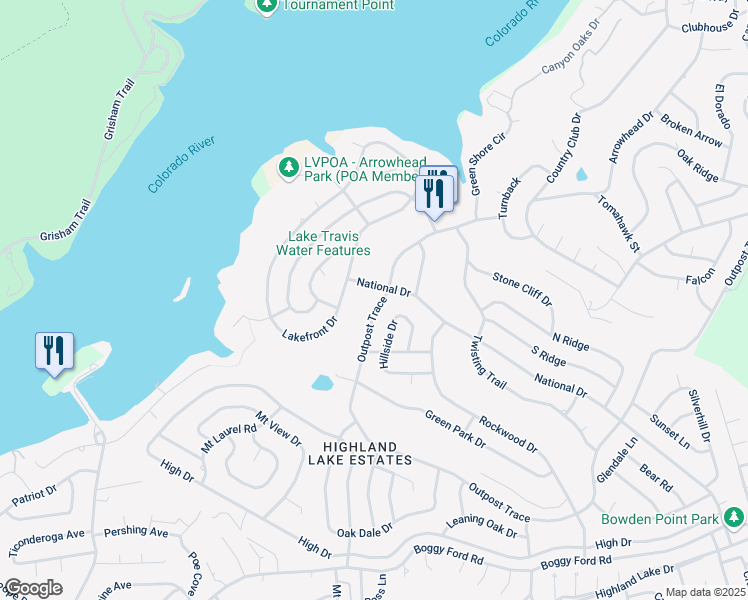 map of restaurants, bars, coffee shops, grocery stores, and more near 4208 Hillside Drive in Lago Vista