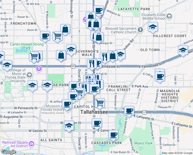 map of restaurants, bars, coffee shops, grocery stores, and more near 101 North Monroe Street in Tallahassee